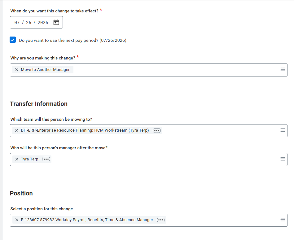 Screenshot of Workday change job template for moving an employee to another manager