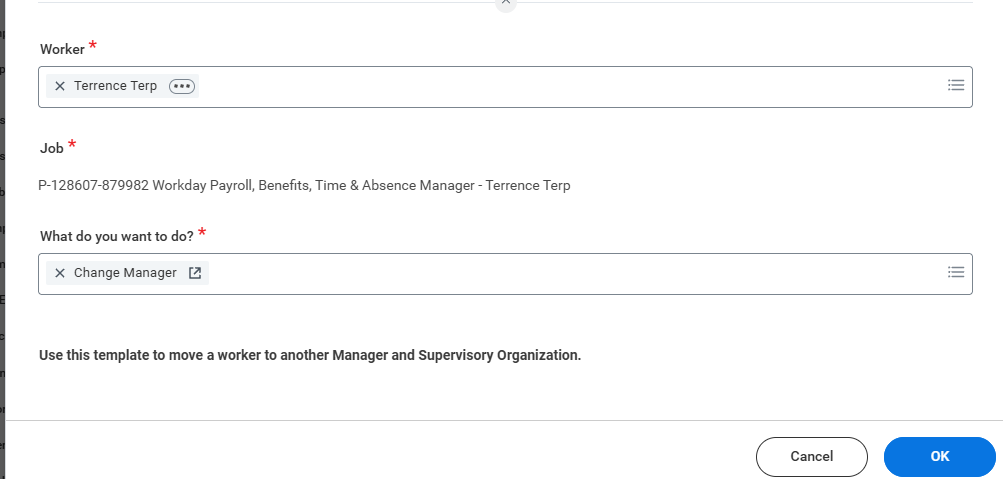 Screenshot showing the Workday screen where you can select a worker and the type of Change Job transaction you are trying to complete