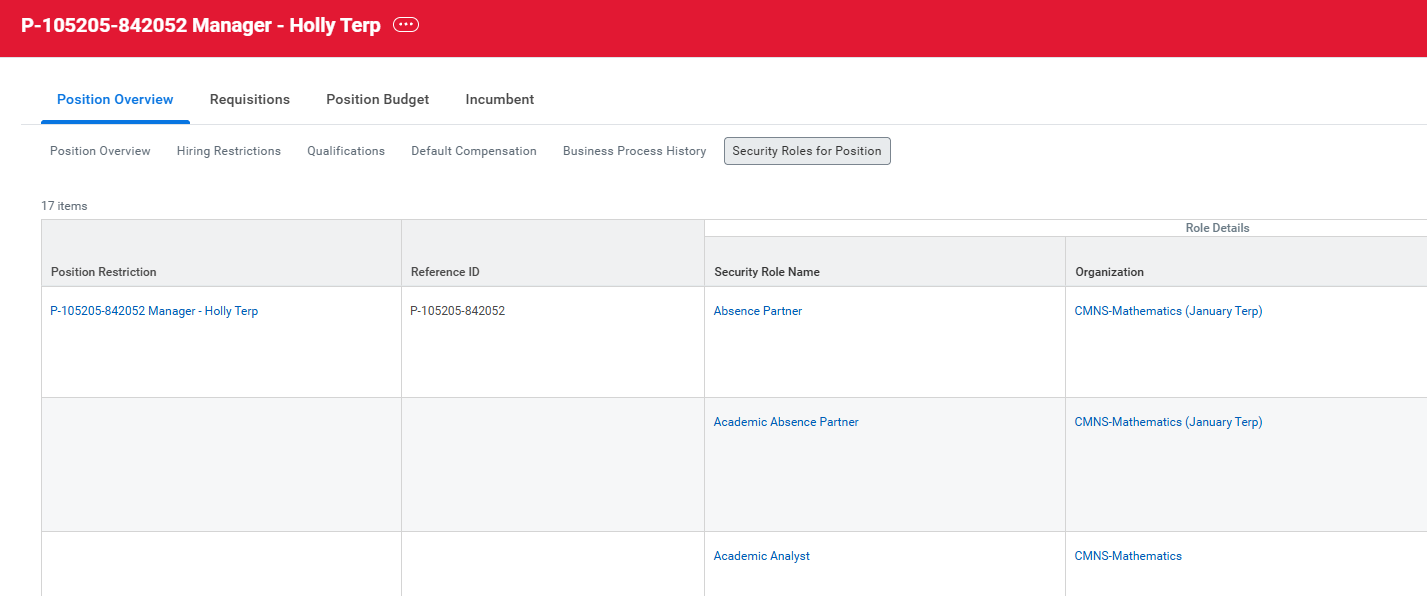 Screenshot showing that there is a new "Security Roles for Position" tab under "Position Overview" in Workday