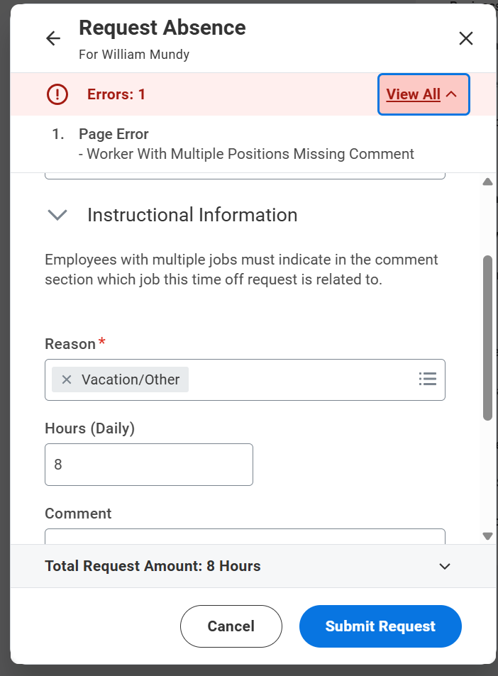 Screenshot of Workday Error Message